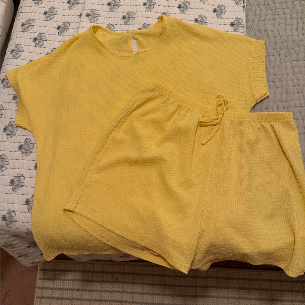 Yellow Women's Two-Piece Lounge Set - Soft Short Sleeve Top & Drawstring Shorts